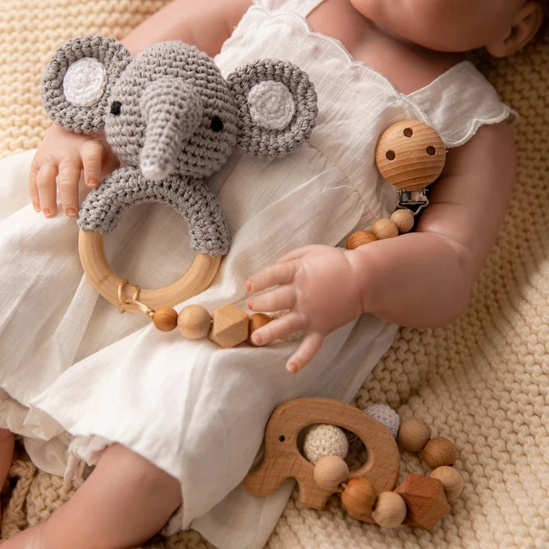 Rattle Crochet Elephant Teething Bracelet Gift Set