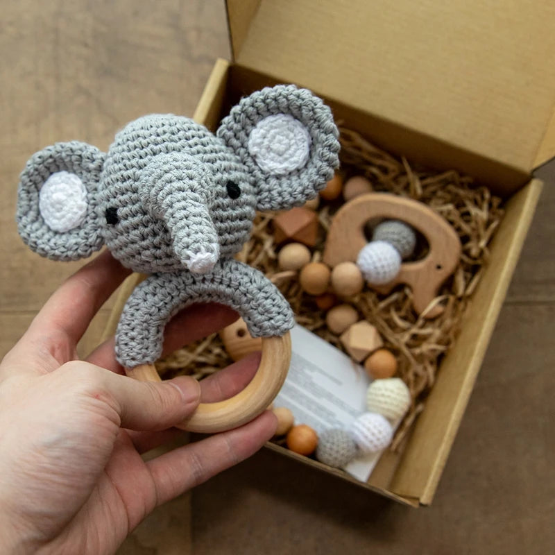 Rattle Crochet Elephant Teething Bracelet Gift Set