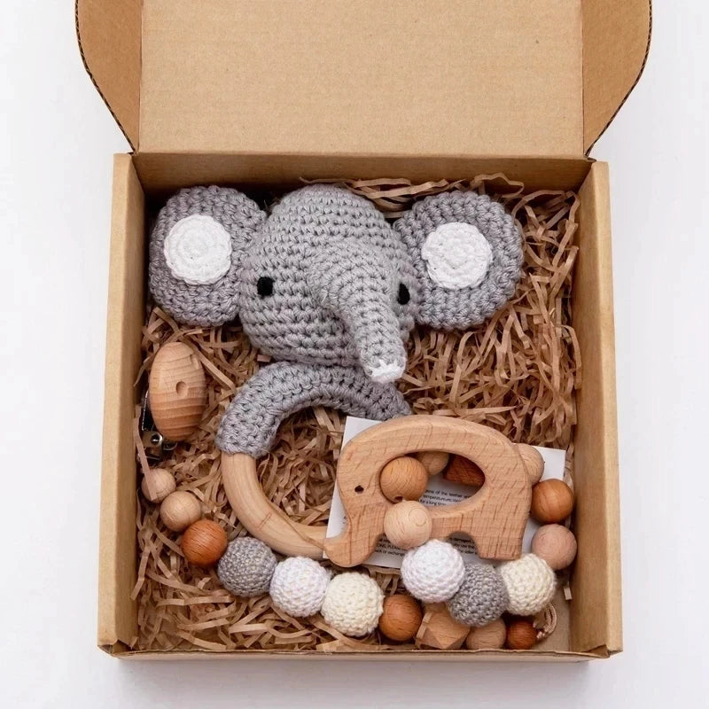 Rattle Crochet Elephant Teething Bracelet Gift Set