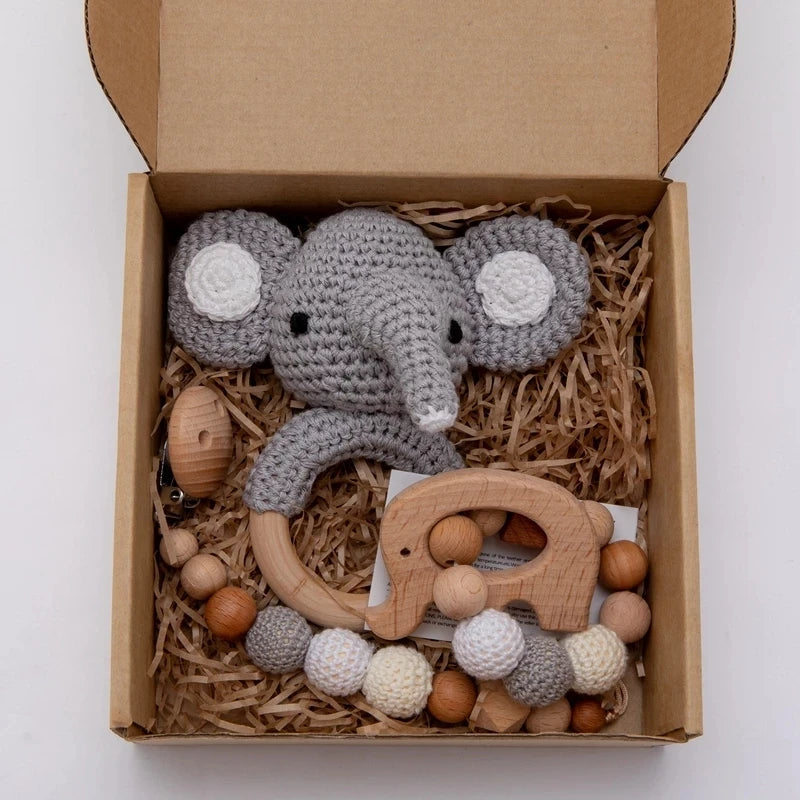 Rattle Crochet Elephant Teething Bracelet Gift Set