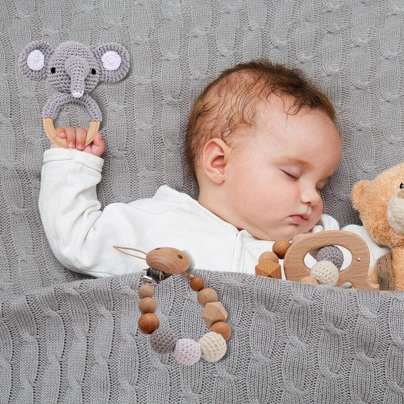 Rattle Crochet Elephant Teething Bracelet Gift Set