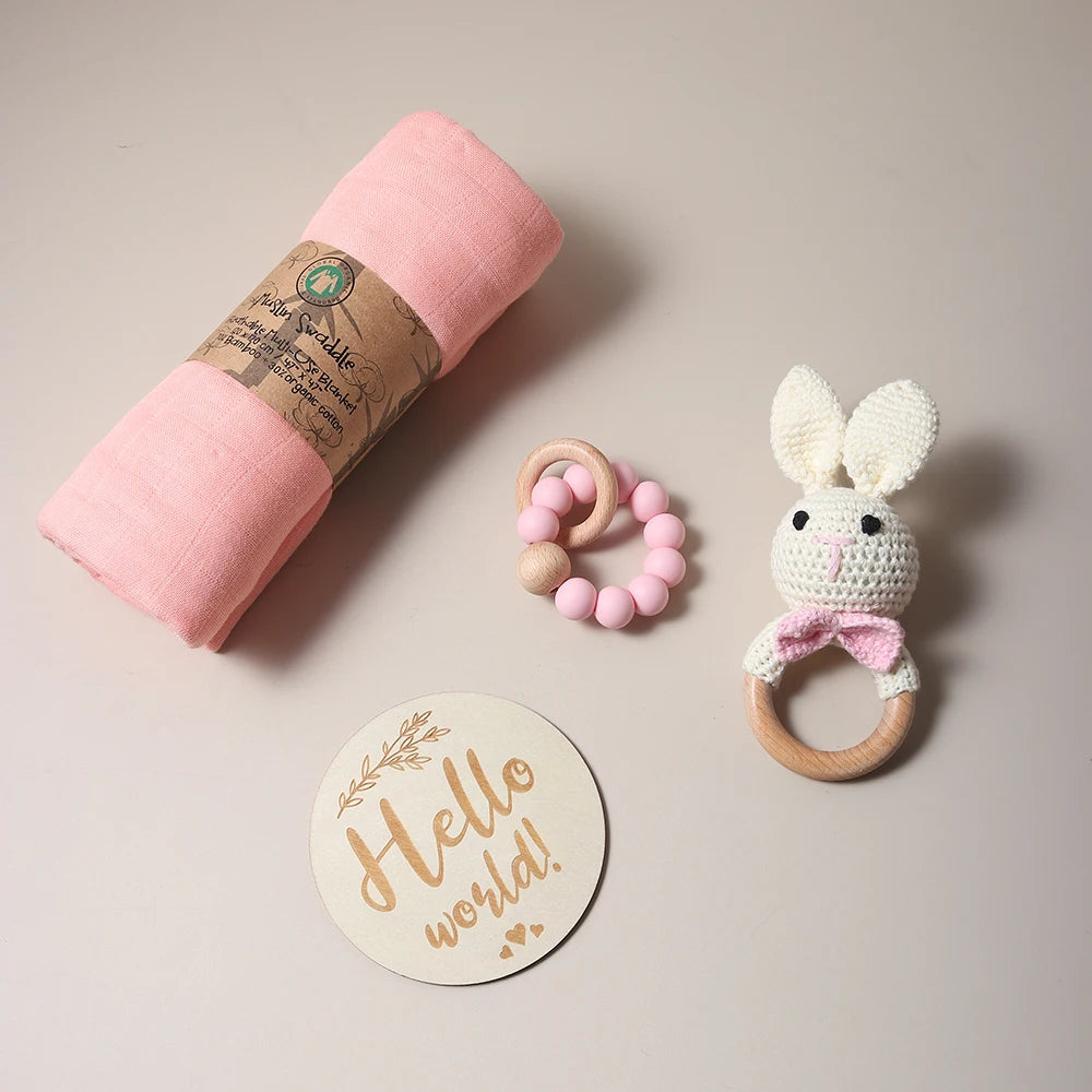 Baby Muslin Swaddle Rattle Baby Teether Set