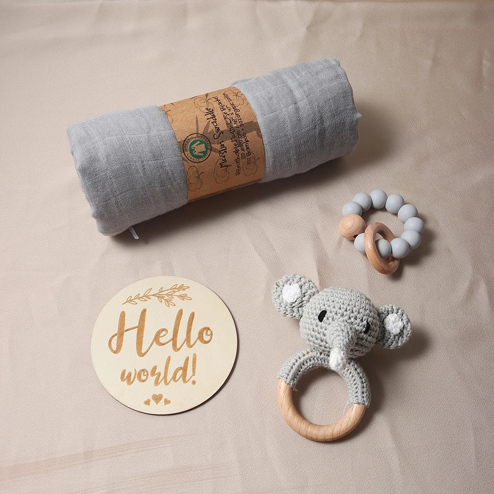 Baby Muslin Swaddle Rattle Baby Teether Set