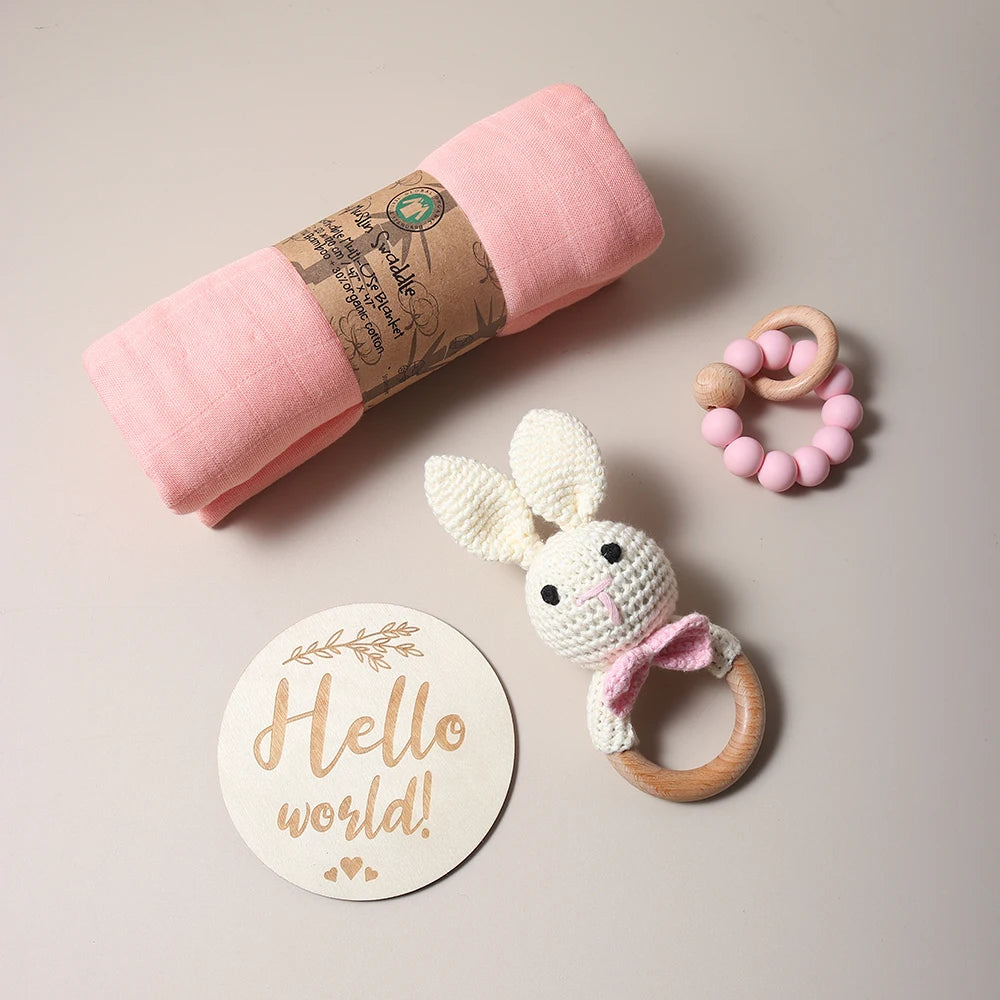 Baby Muslin Swaddle Rattle Baby Teether Set